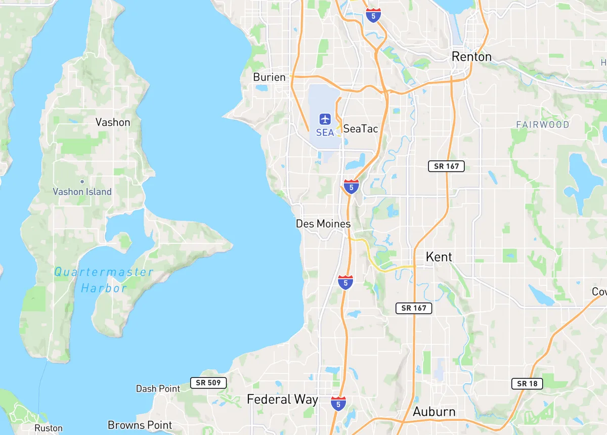 Map centered on Des Moines, WA, where Isabel's Cleaning is based