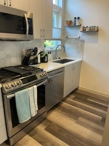 Kitchen range and wood-look floor, cleaned by Rosy
