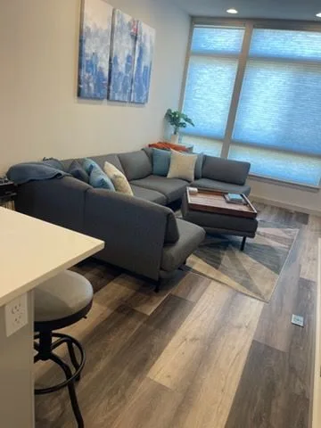 Living room with a gray sectional, cleaned by Rosy